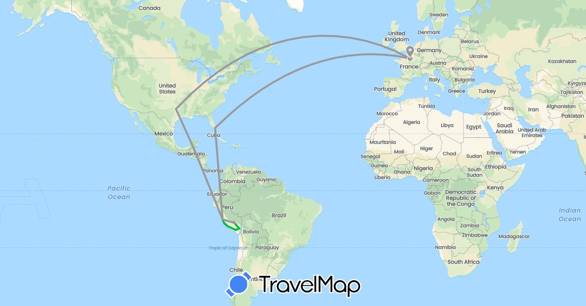 TravelMap itinerary: bus, plane, train in France, Peru, United States (Europe, North America, South America)